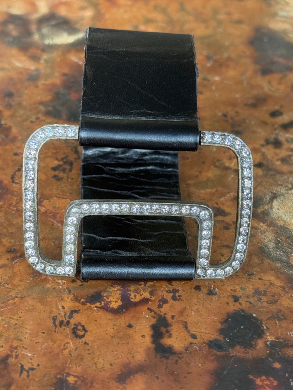 Black Leather Cuff Bracelet with Crystal-Embellished Bronze Buckle 2 Snap Close - Picture 3 of 11